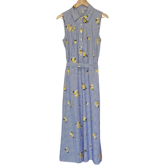 Tacera Dresses & Skirts - Striped Floral‎ Embroidered Maxi Shirt Dress Size Medium Coastal Cottage Preppy